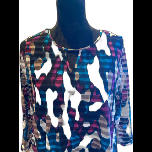 Dana Buchman Tops - Dana Bachman Blouse Sz Medium Top Sheer Overlay Purple Green Black Rounded Neck